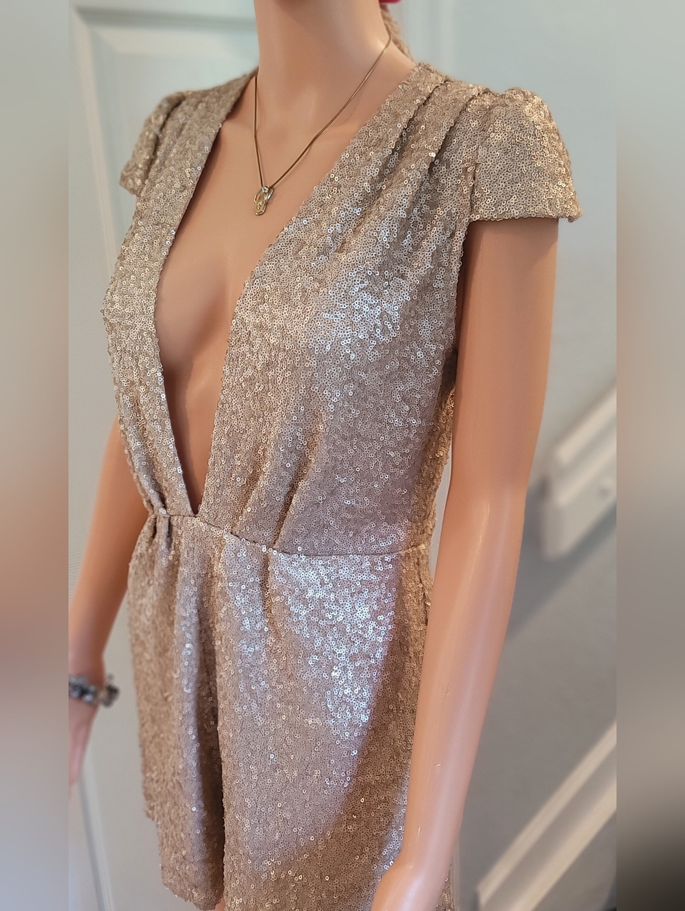 Tobi Gold Sequin Romper Deep V